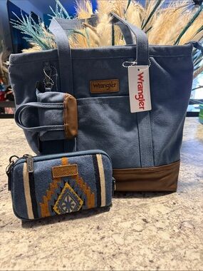 Wrangler Blue Canvas Tote with Brown Trim and Matching Patterned Pouch